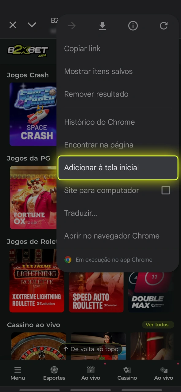 Adicione o B2xbet à tela inicial em apenas um toque.