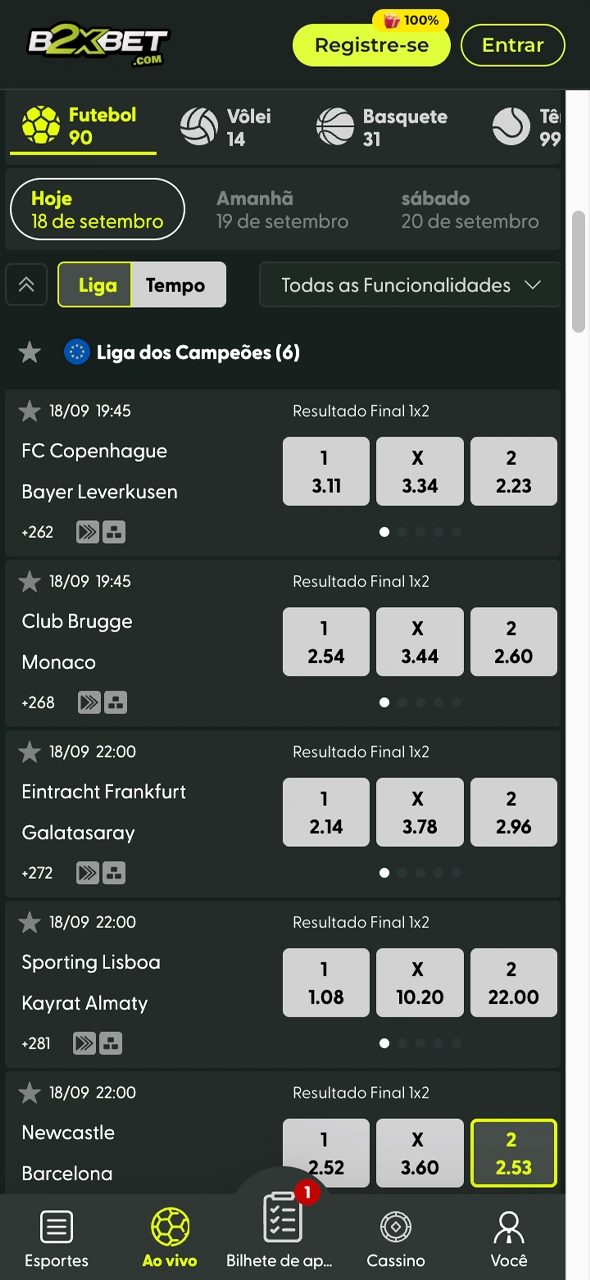 Veja os eventos esportivos ao vivo no app B2xbet.