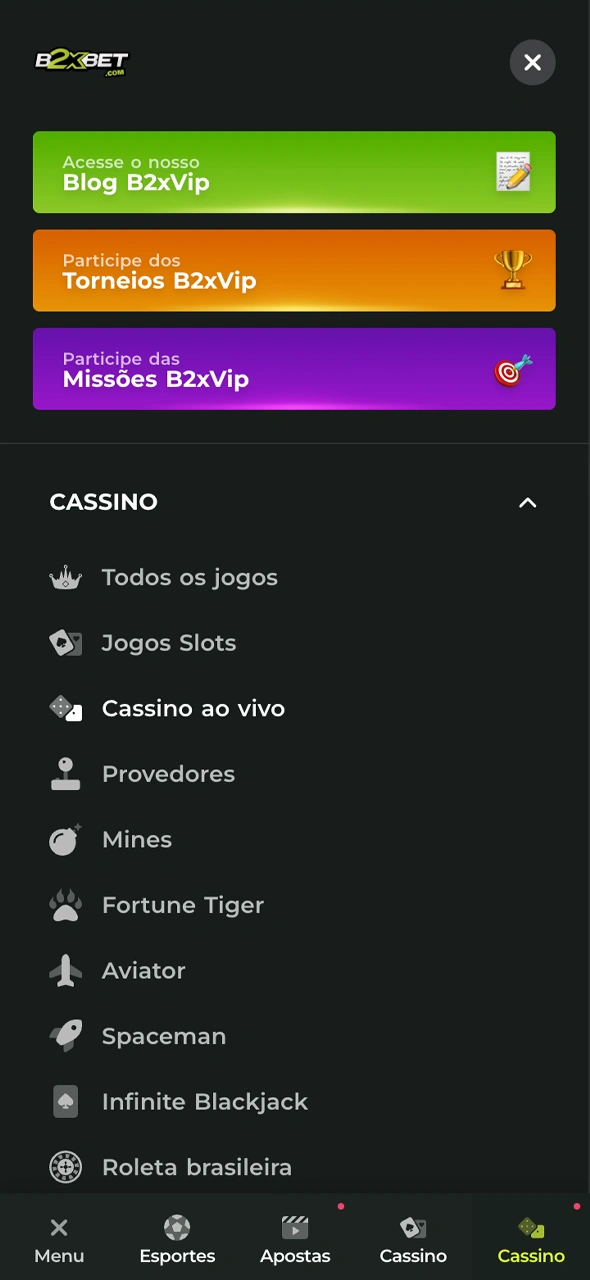 Navegue pelo app B2xbet com o menu intuitivo.