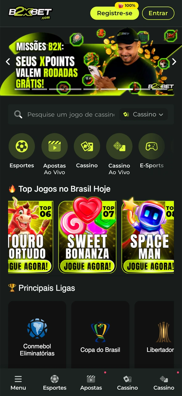 Explore a página inicial do app B2xbet.