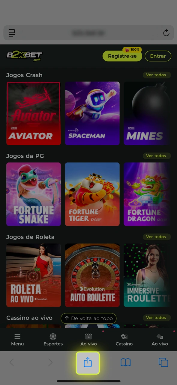 Veja onde clicar para instalar o app B2xbet no iOS.