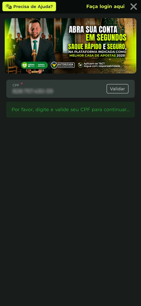Preencha seus dados para ativar sua conta B2xbet.