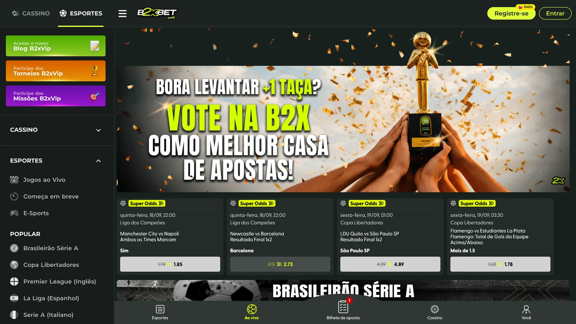 Explore os mercados esportivos do B2xbet direto do seu desktop.