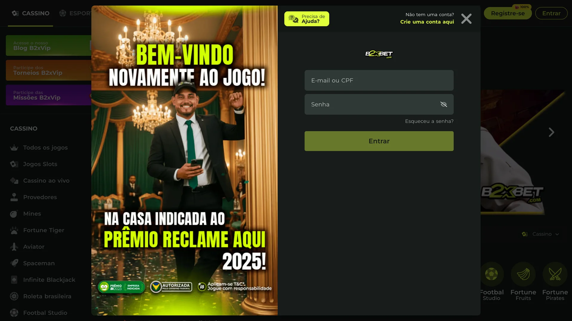 Faça login com segurança na plataforma B2xbet.