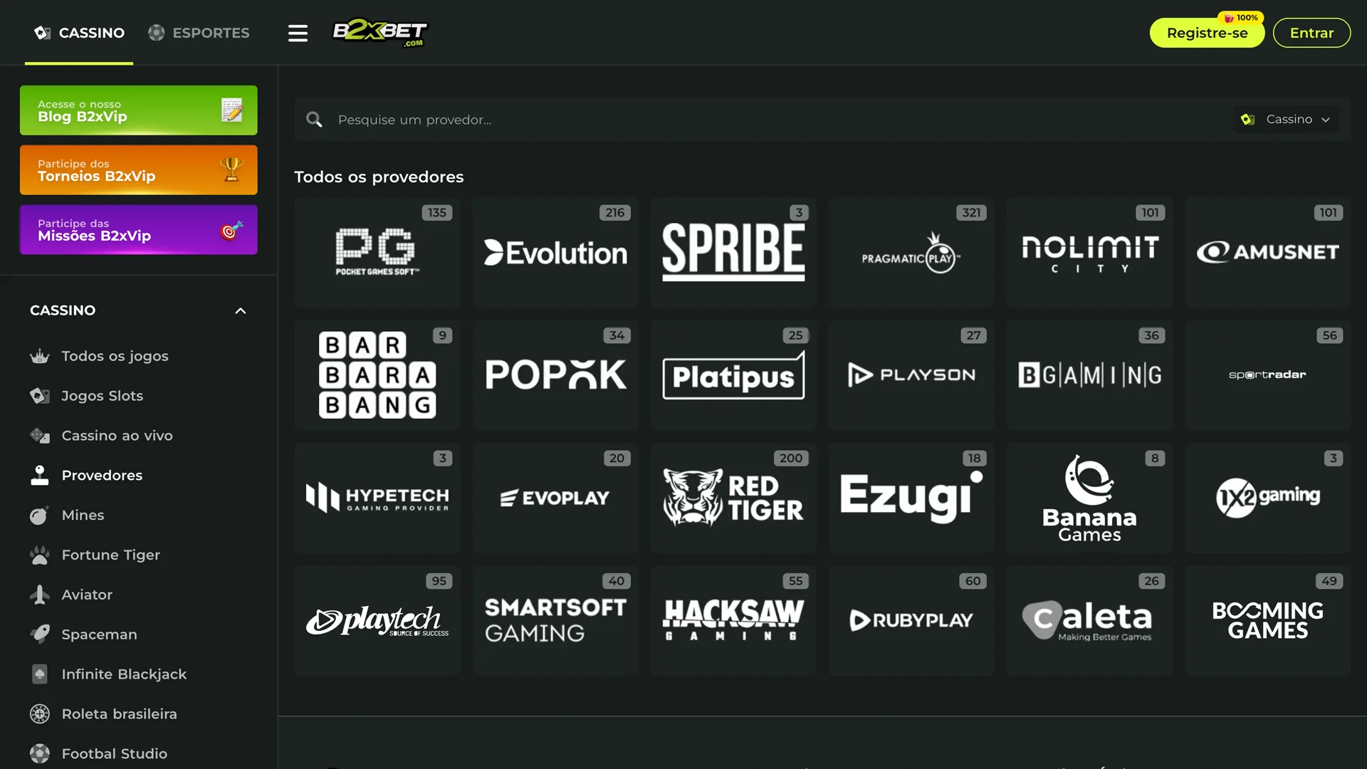 Confira os provedores de jogos parceiros do B2xbet.